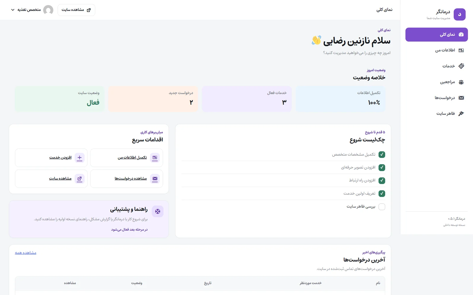 نمای کلی پنل مدیریت روزمره درمانگر