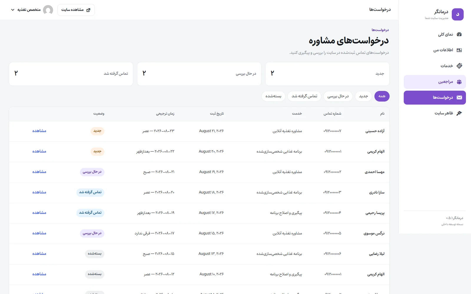 نمای پنل درخواست‌های مشاوره در پلتفرم درمانگر